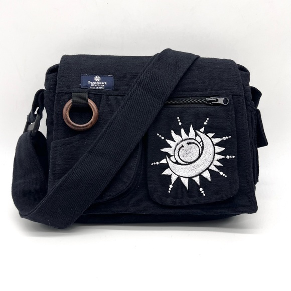 puzzlestack Handbags - Lukla Messenger Bag Black with Sun Moon Embroidery